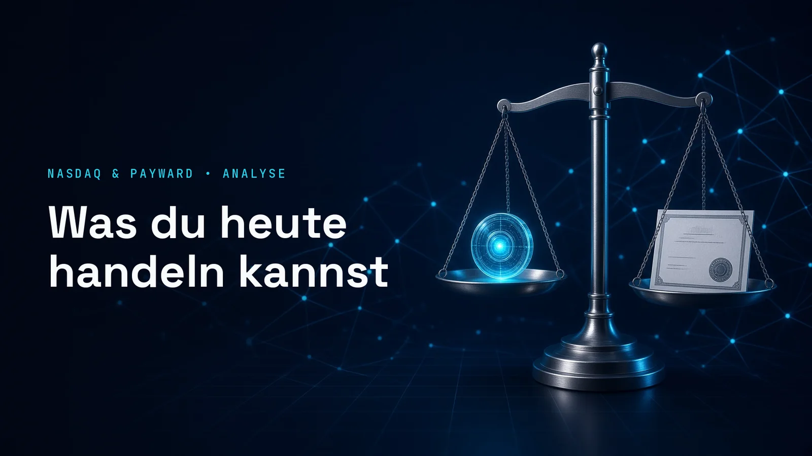 Dunkle Titelgrafik mit einer beleuchteten Waage rechts, auf einer Seite ein Token, auf der anderen ein Aktienzertifikat; links die Kennzeile NASDAQ & PAYWARD • ANALYSE und die Schlagzeile Was du heute handeln kannst.
