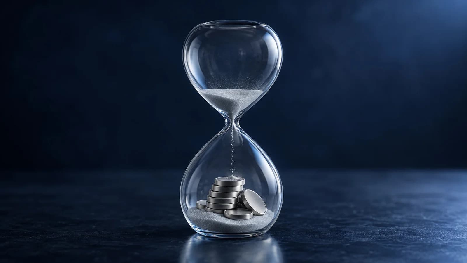 Illustration: Eine Sanduhr, deren Sand fast durchgelaufen ist, mit wenigen silbernen Münzen im unteren Kolben vor dunklem Grund. Sie steht für die Frist bis zur Abschaltung von Abstract am 15. Dezember 2026.