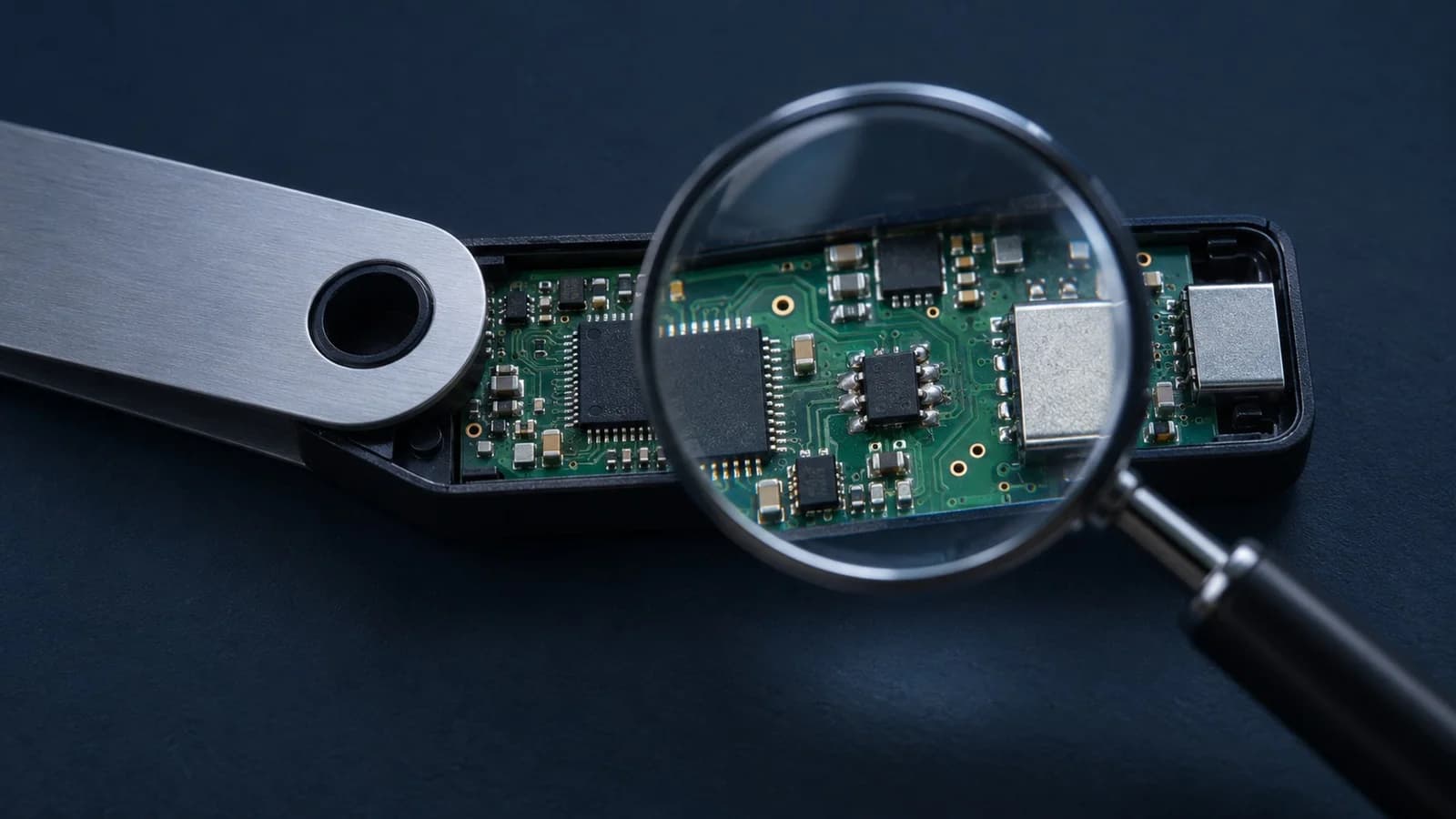 Ein geöffnetes Hardware-Wallet-Gerät, in dessen Platine ein fremdes kleines Bauteil unter einer Lupe sichtbar wird, vor dunkelblauem Hintergrund mit feinen cyanfarbenen Linien.